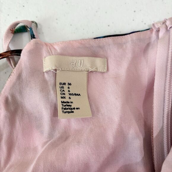 H&M Pink Pleated Jungle Print Midi Dress 6 Strappy Lace Up Back Tropical Animals - Picture 8 of 12